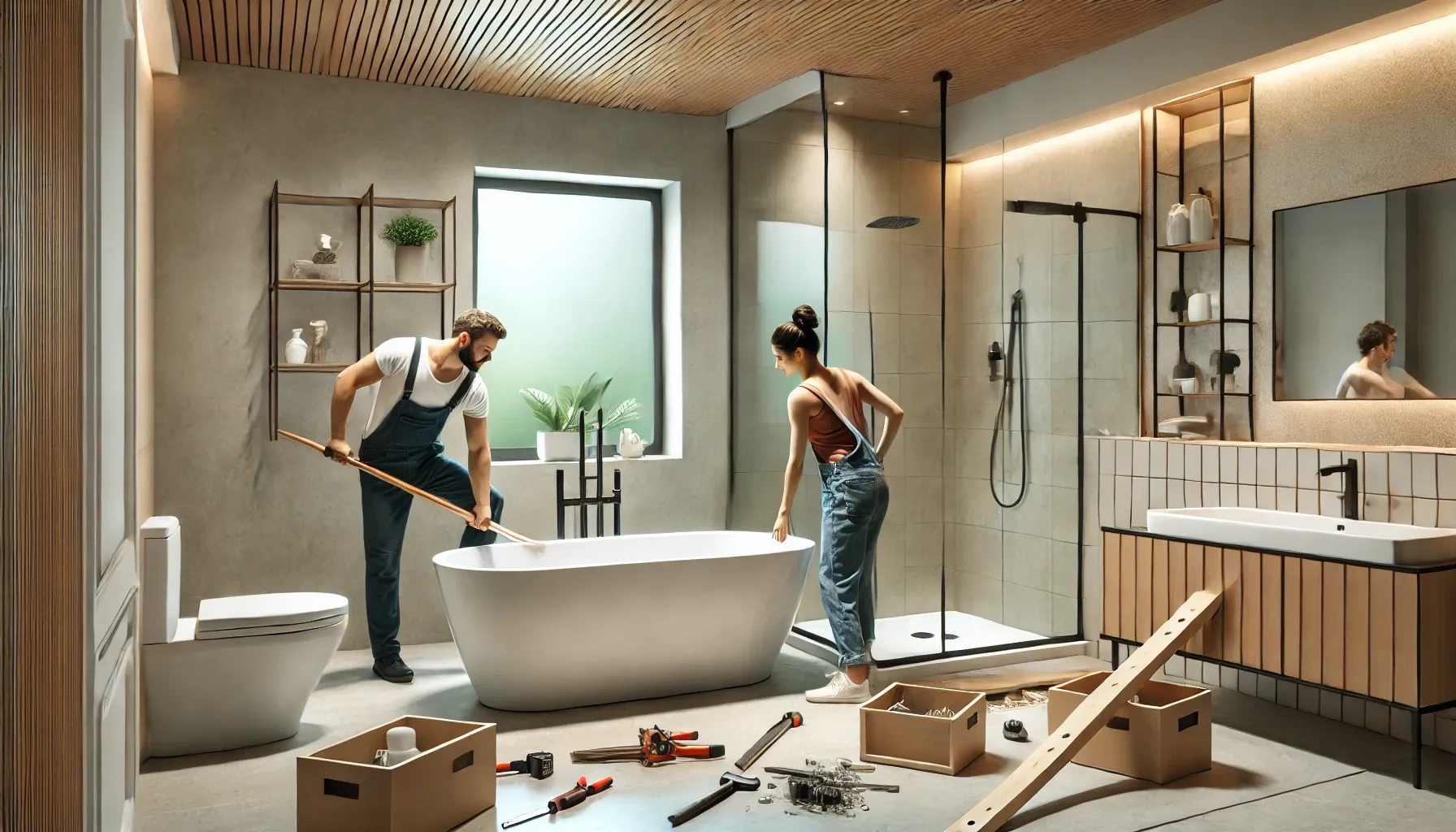 Workers removing a bathtub during a bathroom remodel