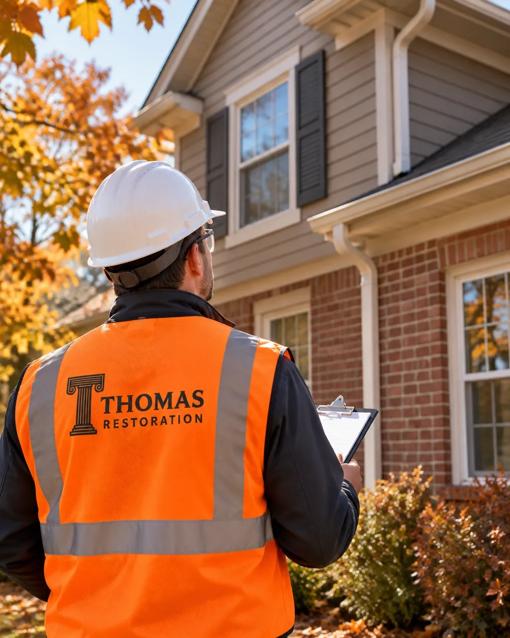 Thomas Restoration professional conducting a safe ground-level exterior inspection of a home’s roofline and gutters