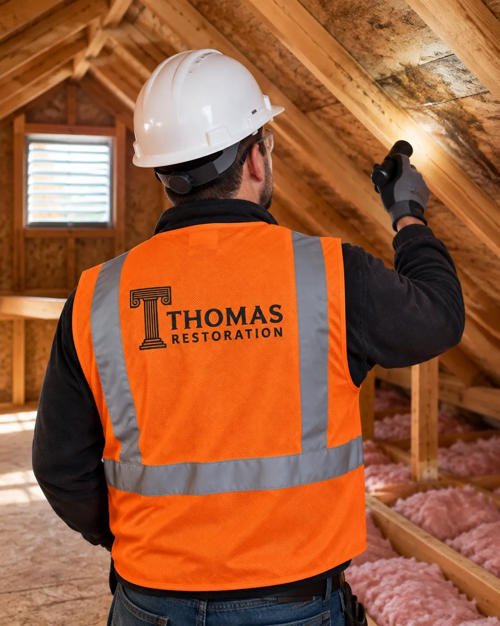 Thomas Restoration professional safely inspecting attic insulation and ventilation in an Indiana home