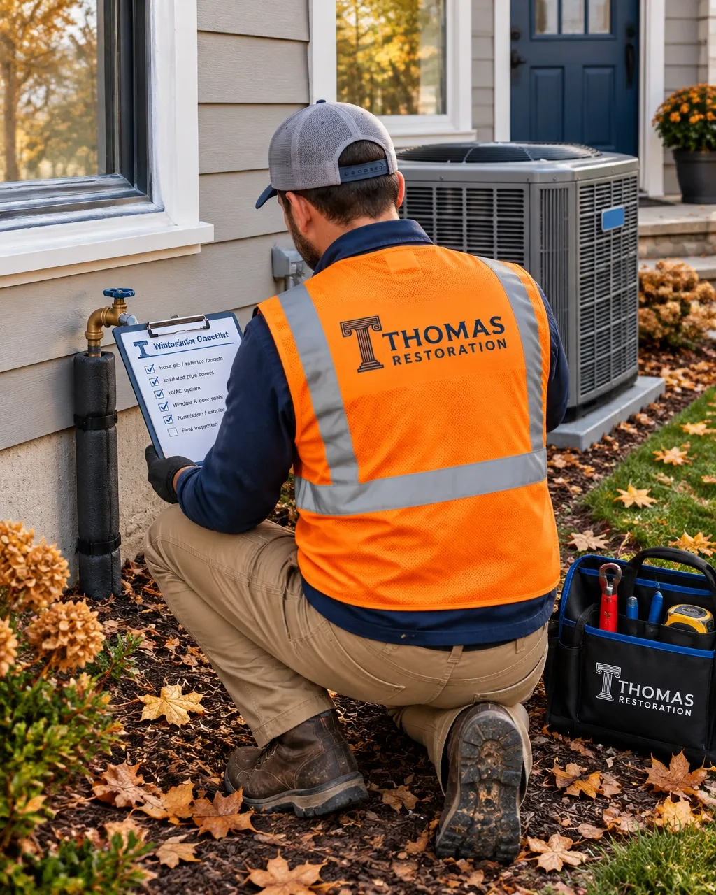 Thomas Restoration professional preparing an exterior hose bib and exposed plumbing for Indiana winter weather